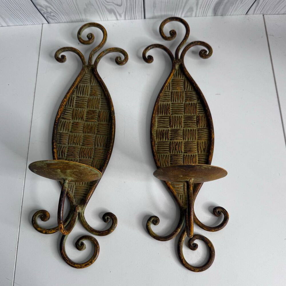 Set of 2 Vintage Cast Iron Wall Sconce Candle Holders Rattan Patina
